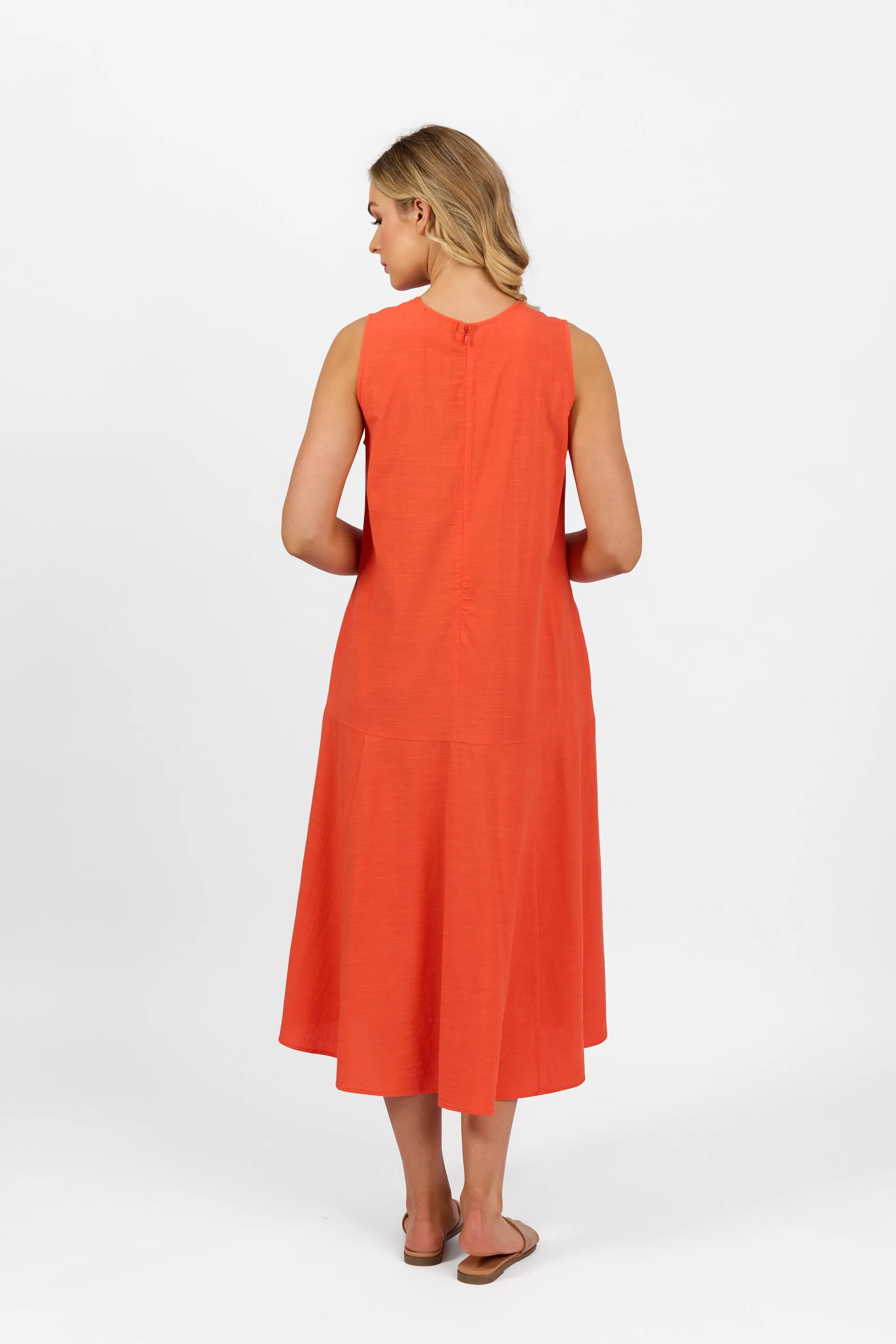 6102 Plain Long Sleeveless Dress with Round Neck :Punch