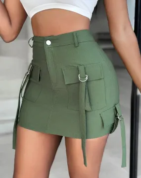 Army Green Mini Skirt with Cargo Pocket Strap