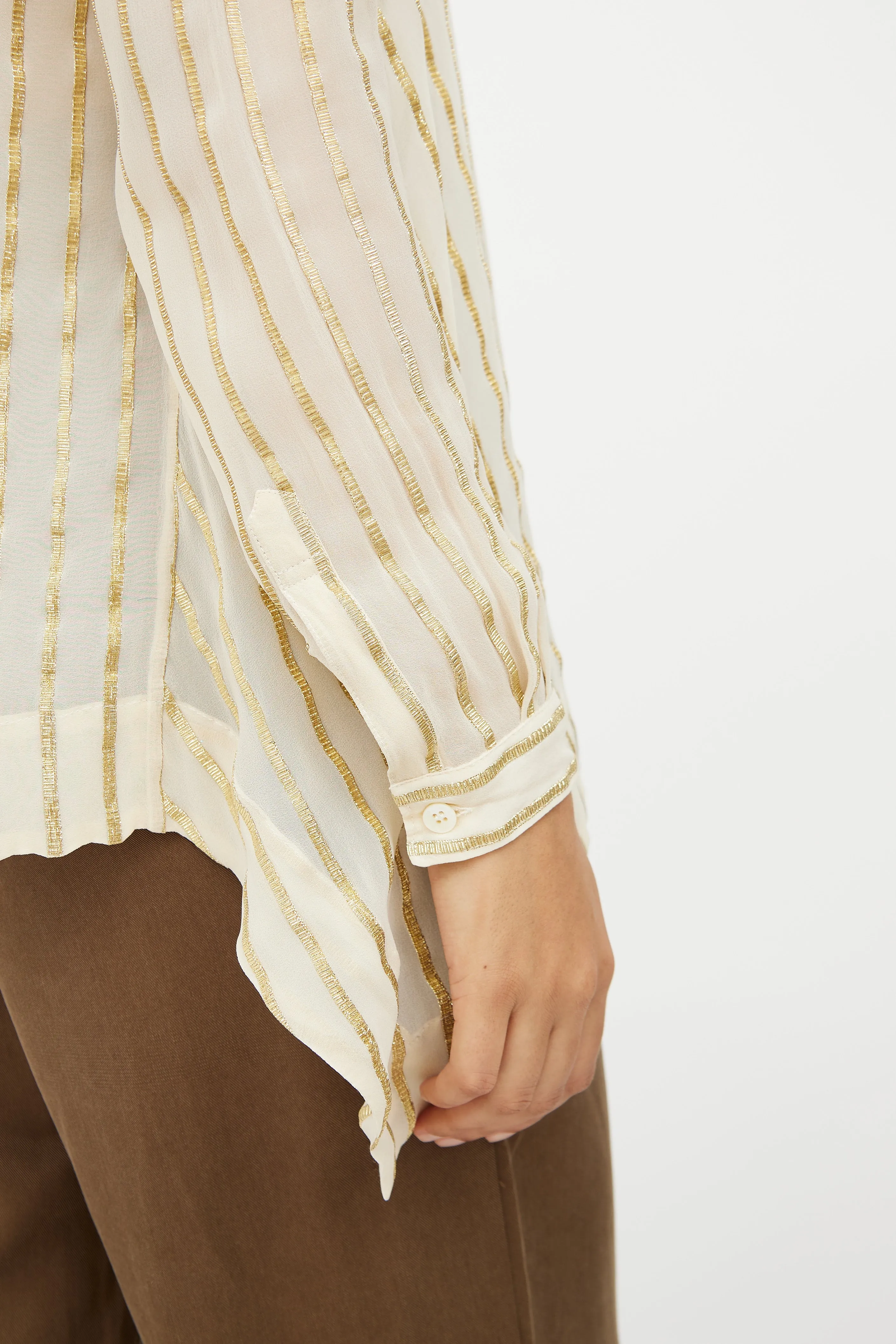 Beige Gold Silk Striped Top