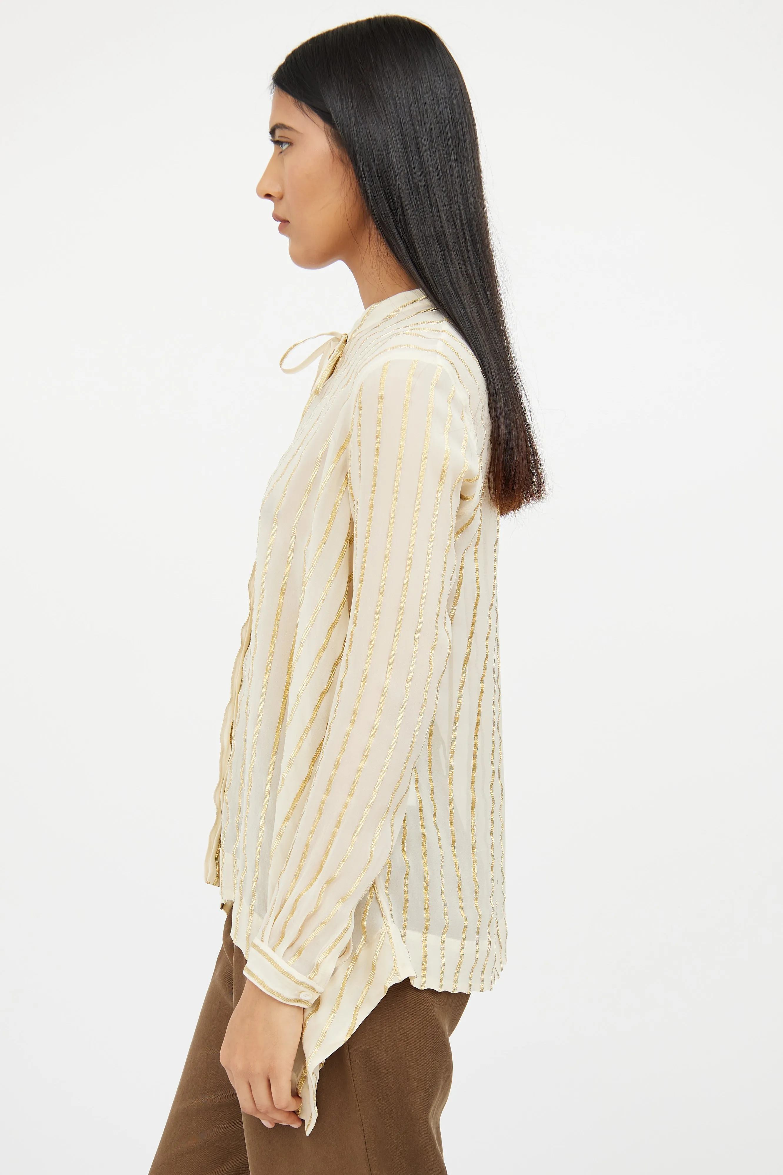 Beige Gold Silk Striped Top