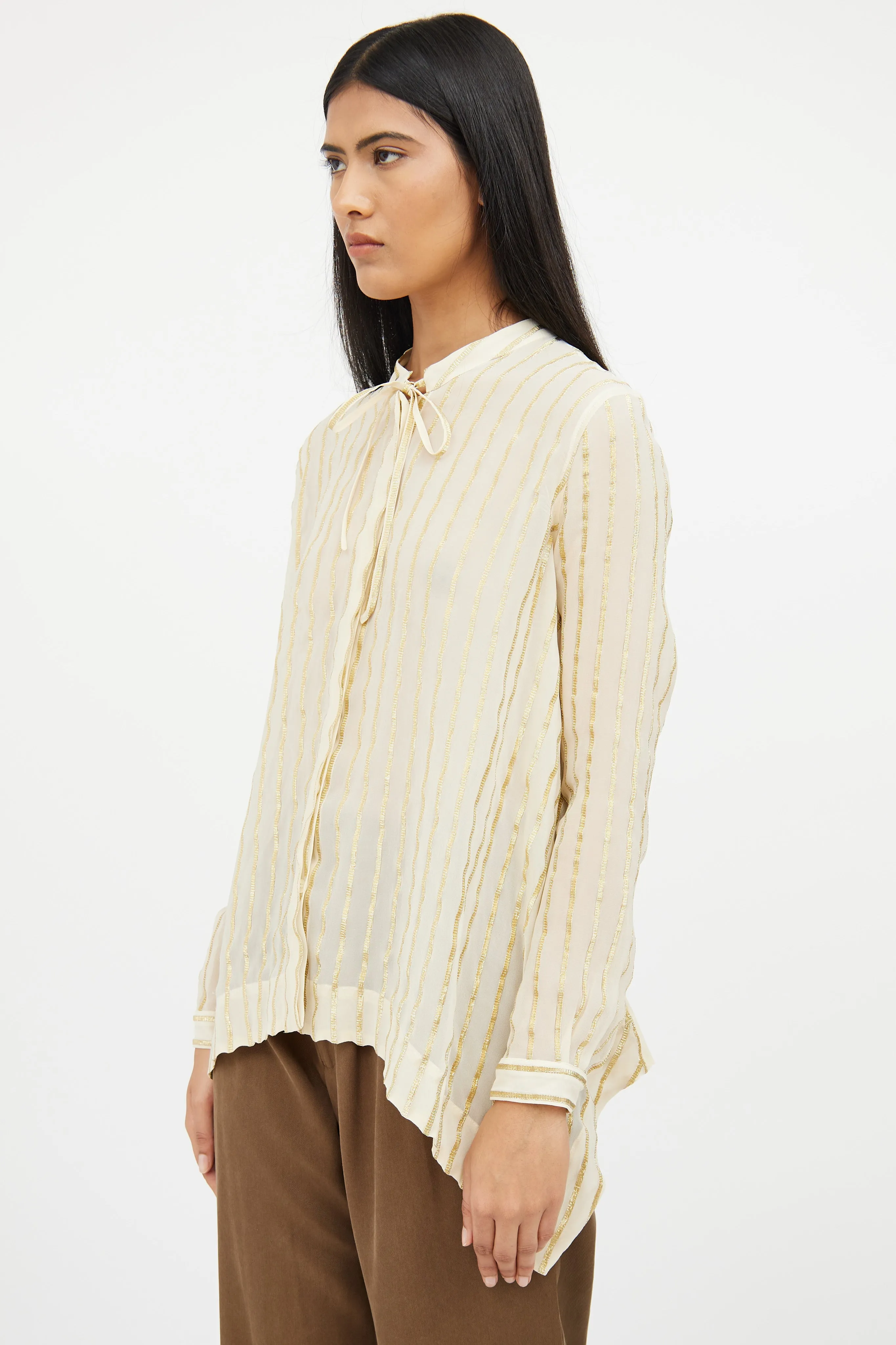 Beige Gold Silk Striped Top