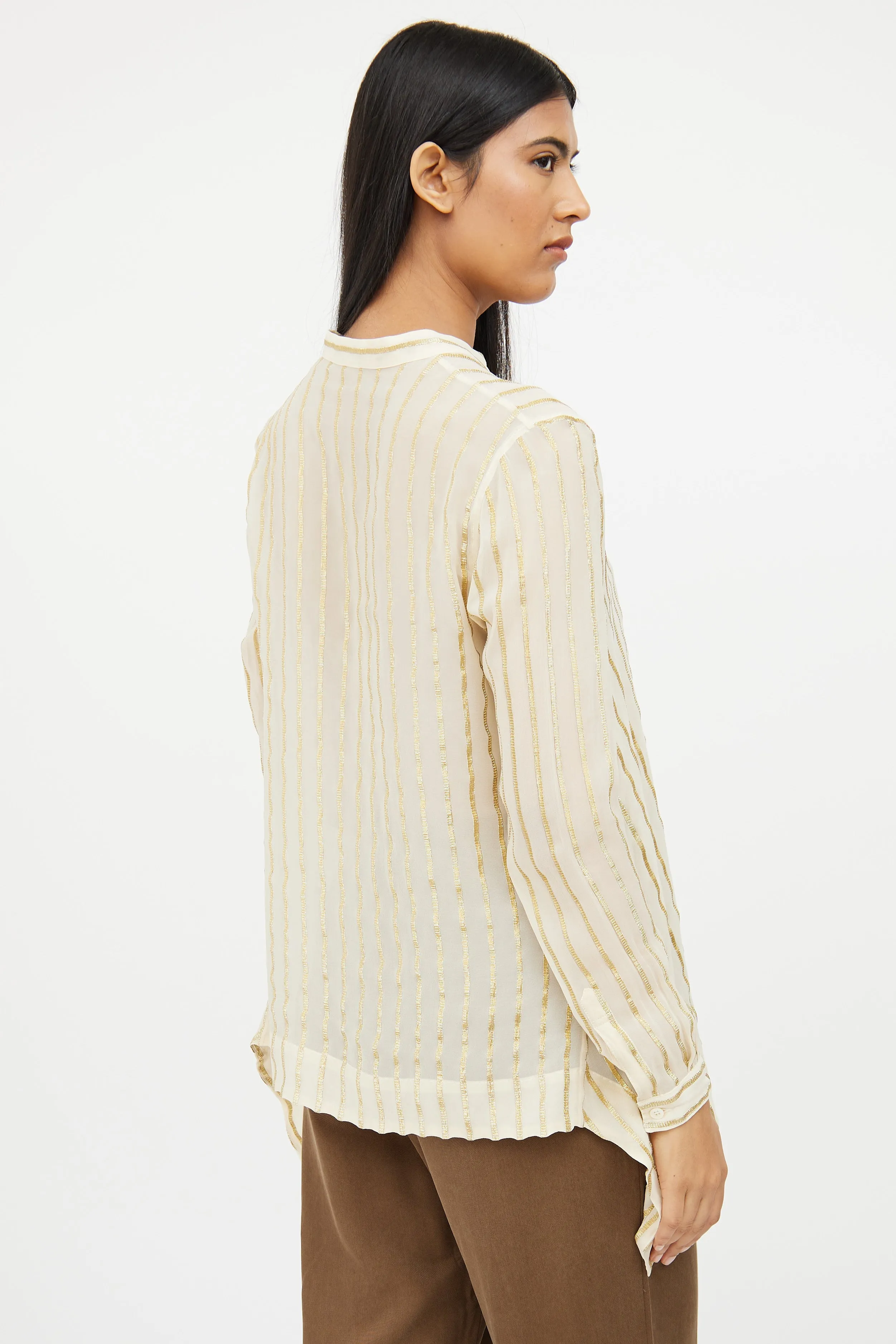 Beige Gold Silk Striped Top