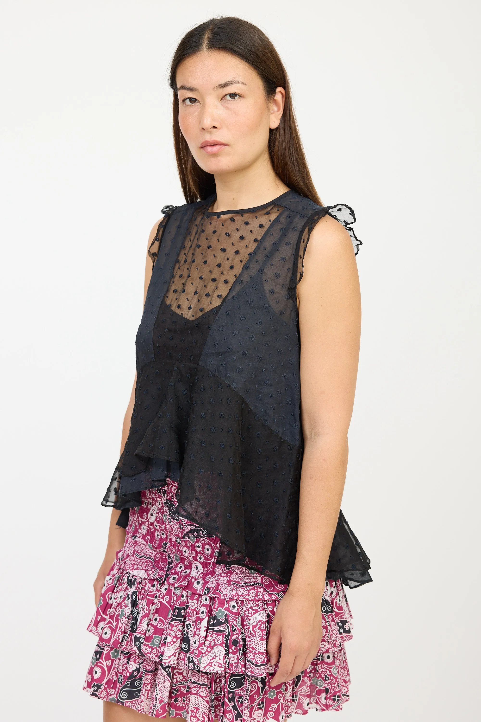 Black Silk Floral Embroidered Ruffled Top