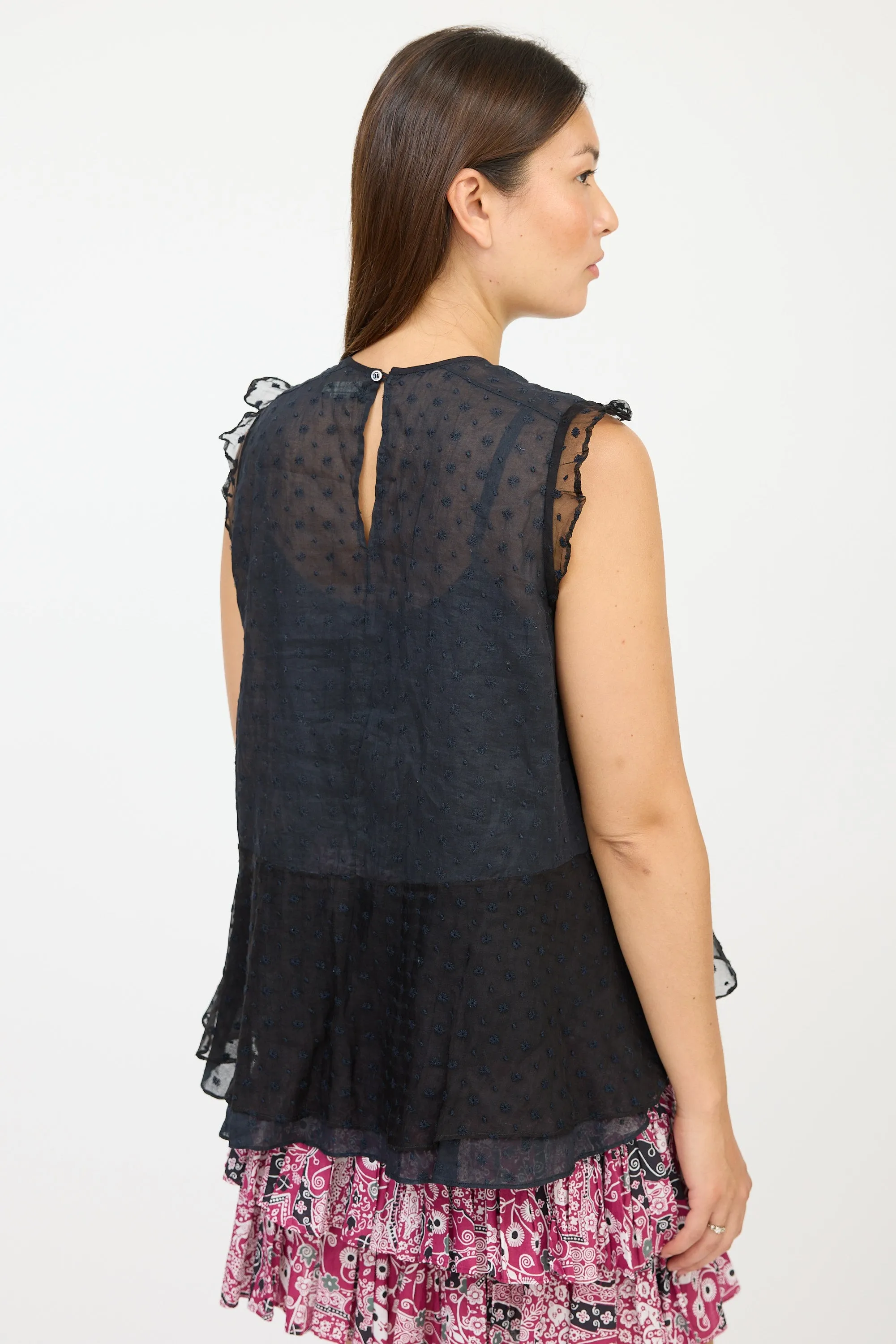 Black Silk Floral Embroidered Ruffled Top