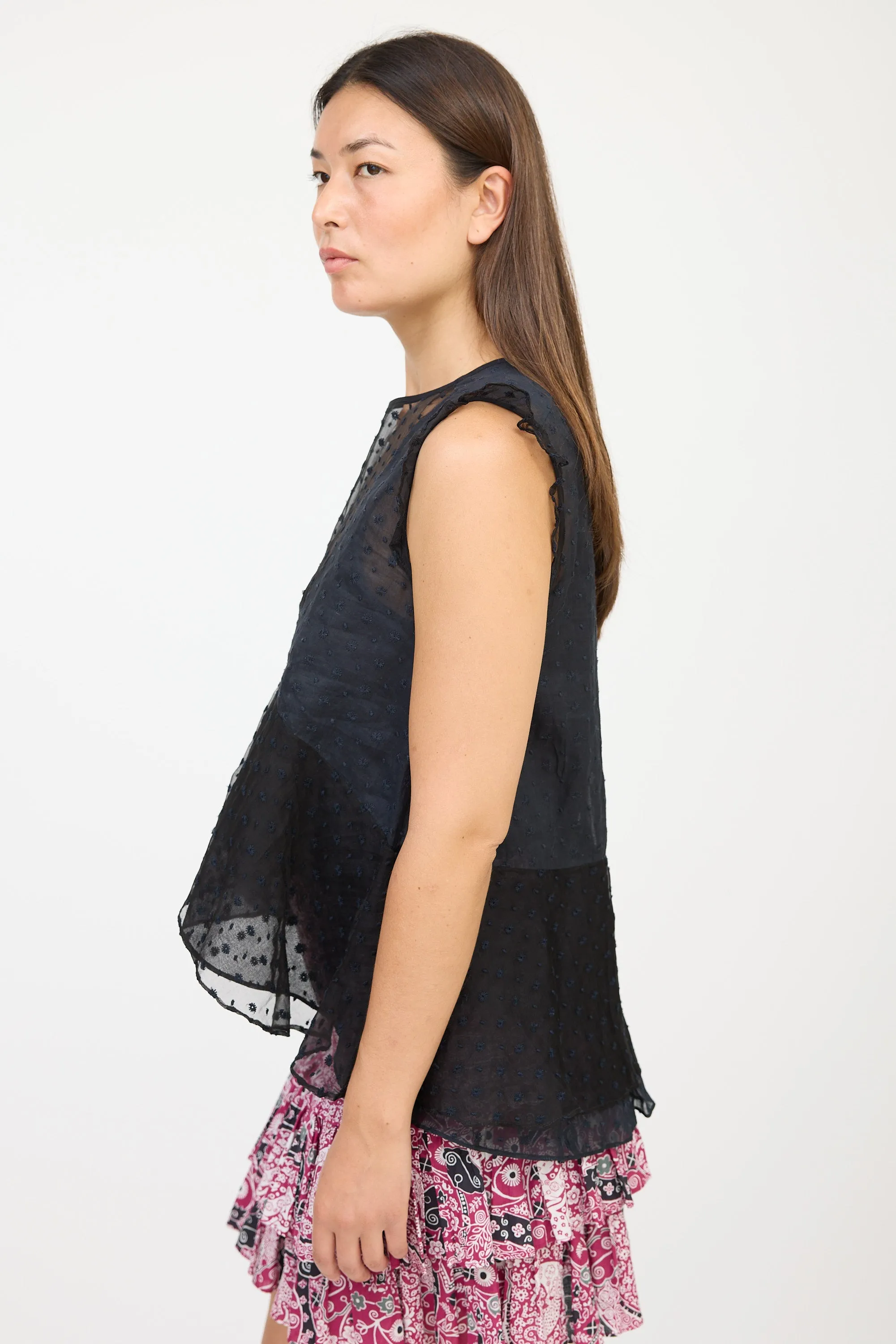 Black Silk Floral Embroidered Ruffled Top