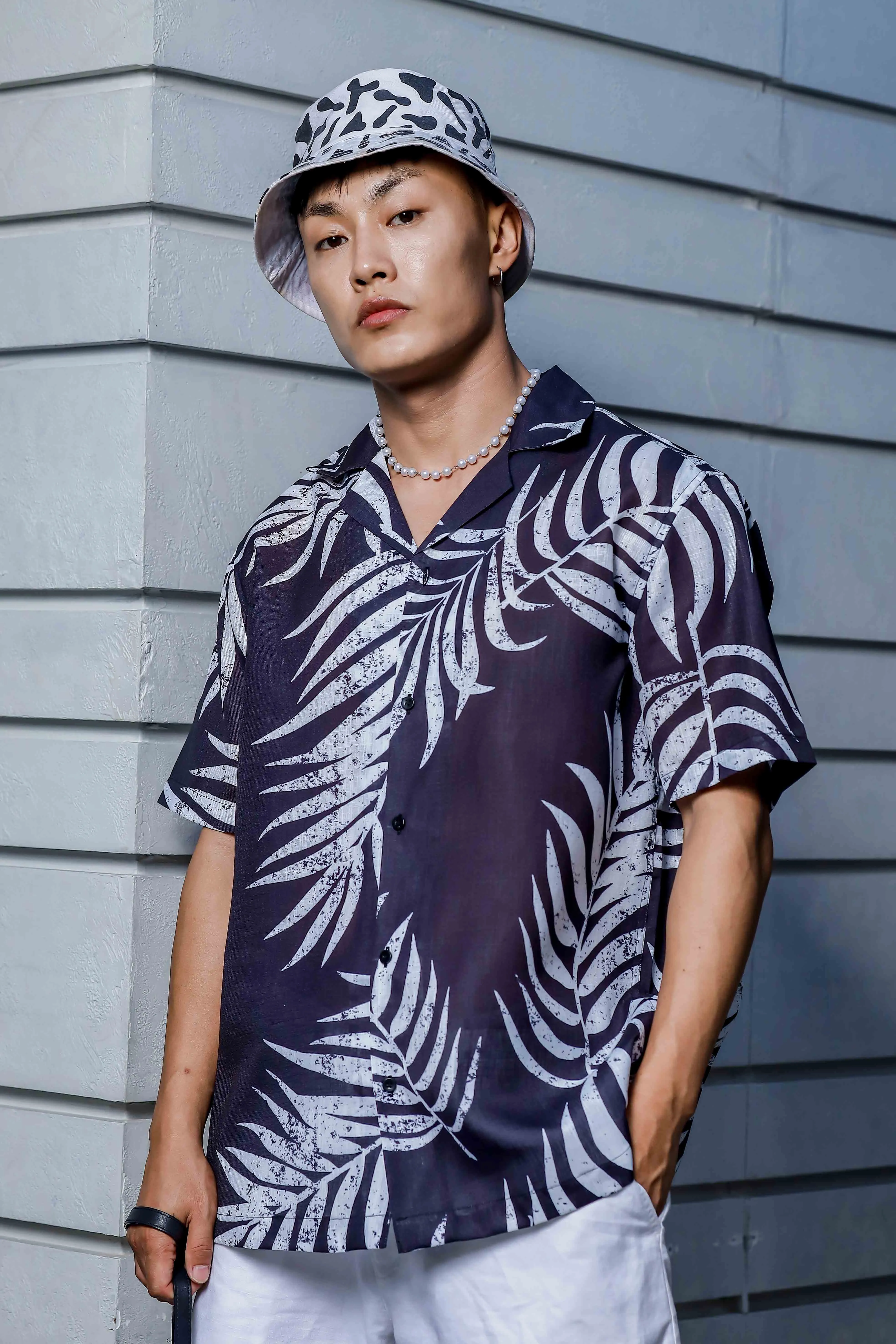 Black Tropical Print Cuban Collar Oversized Resort Shirt