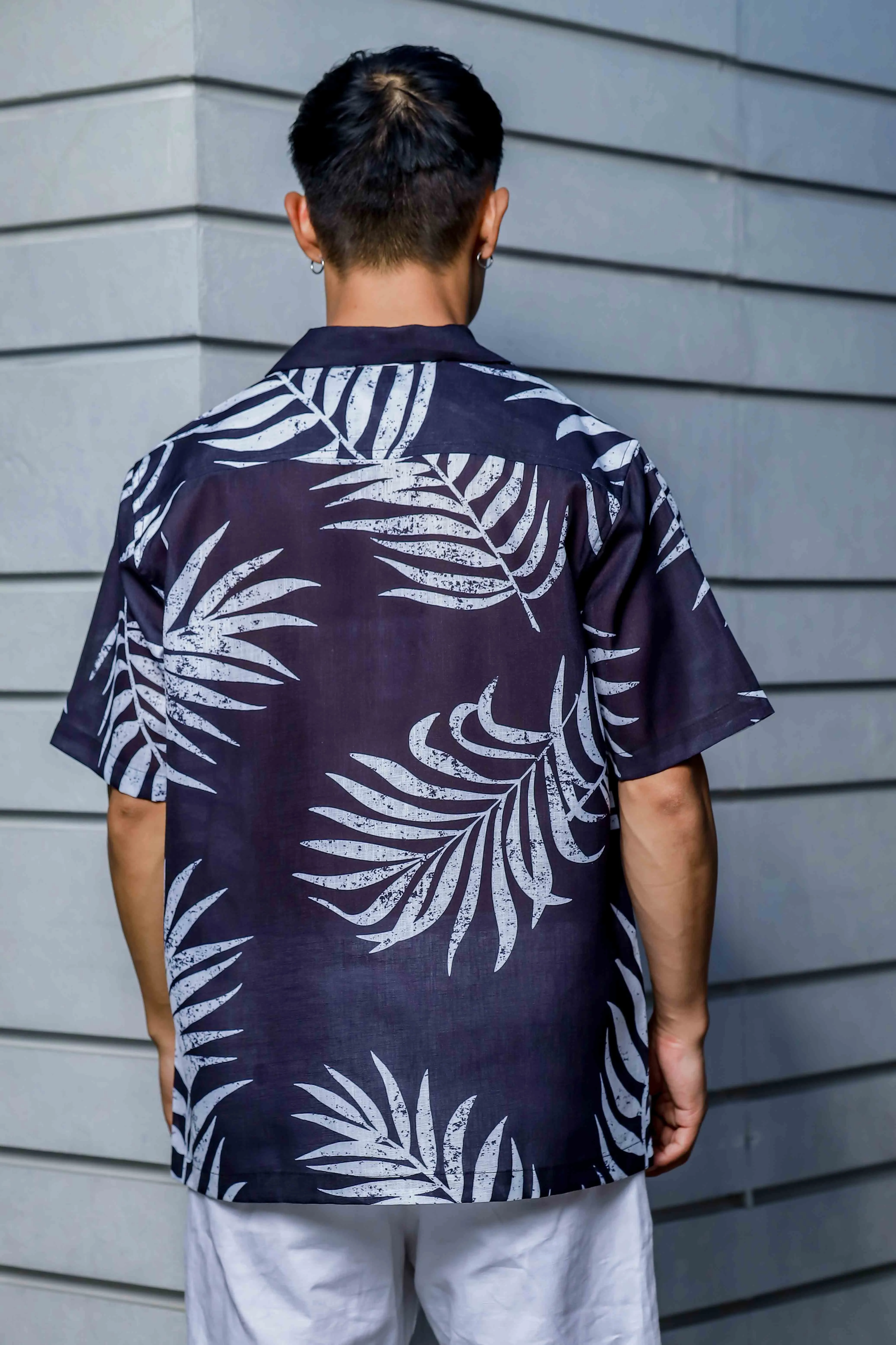 Black Tropical Print Cuban Collar Oversized Resort Shirt