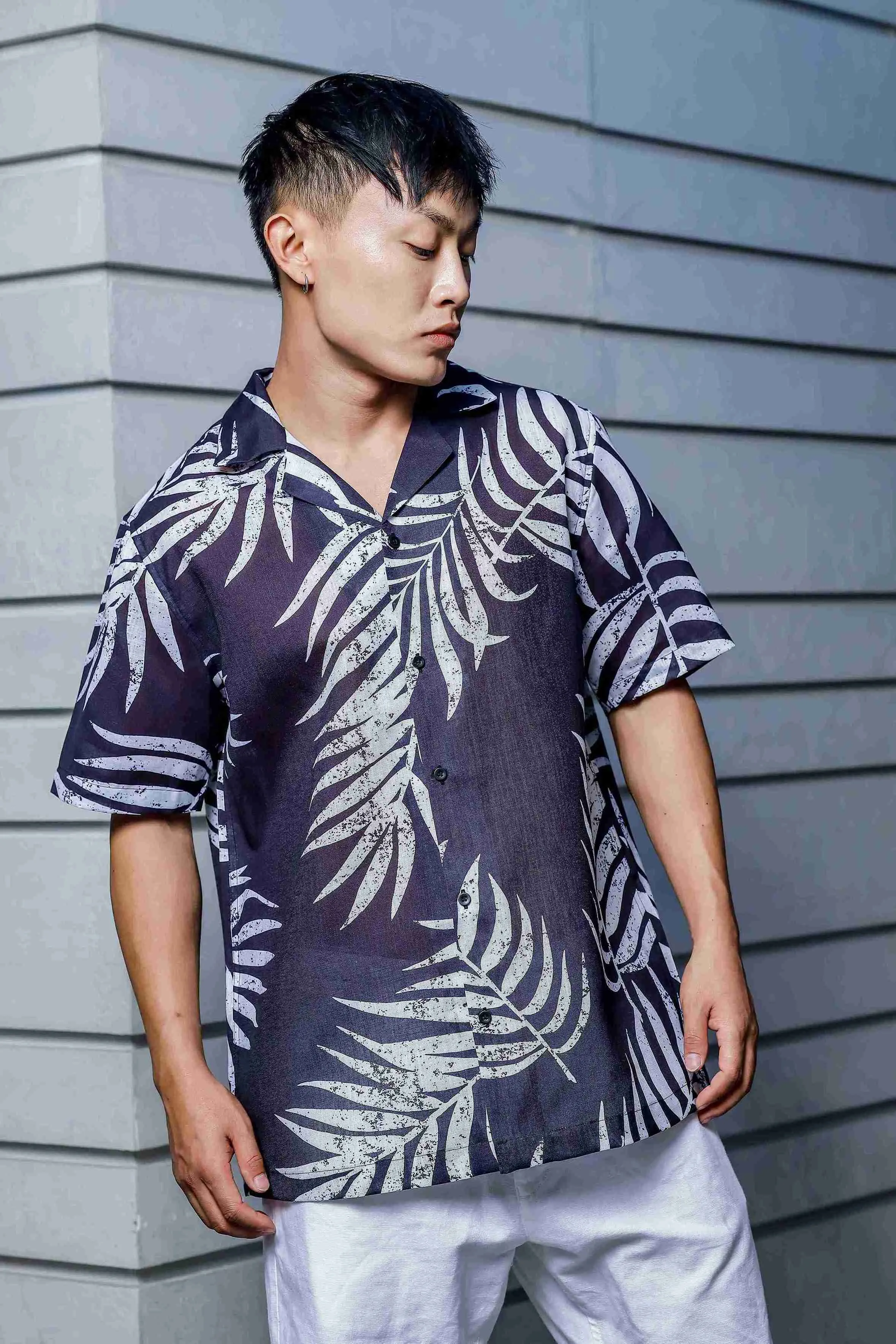 Black Tropical Print Cuban Collar Oversized Resort Shirt
