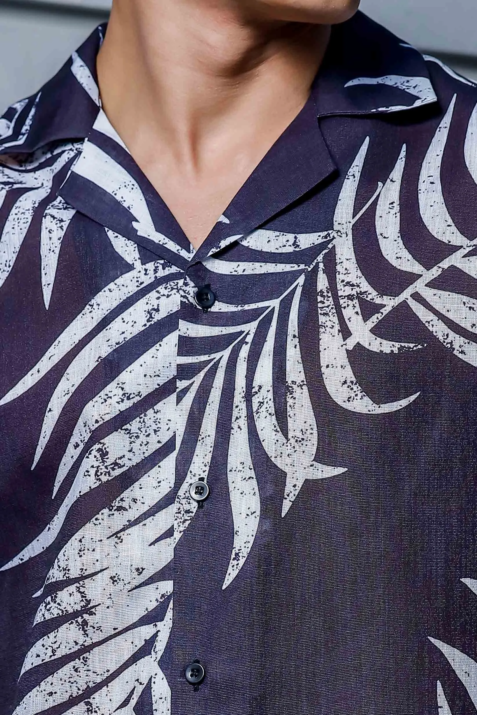 Black Tropical Print Cuban Collar Oversized Resort Shirt