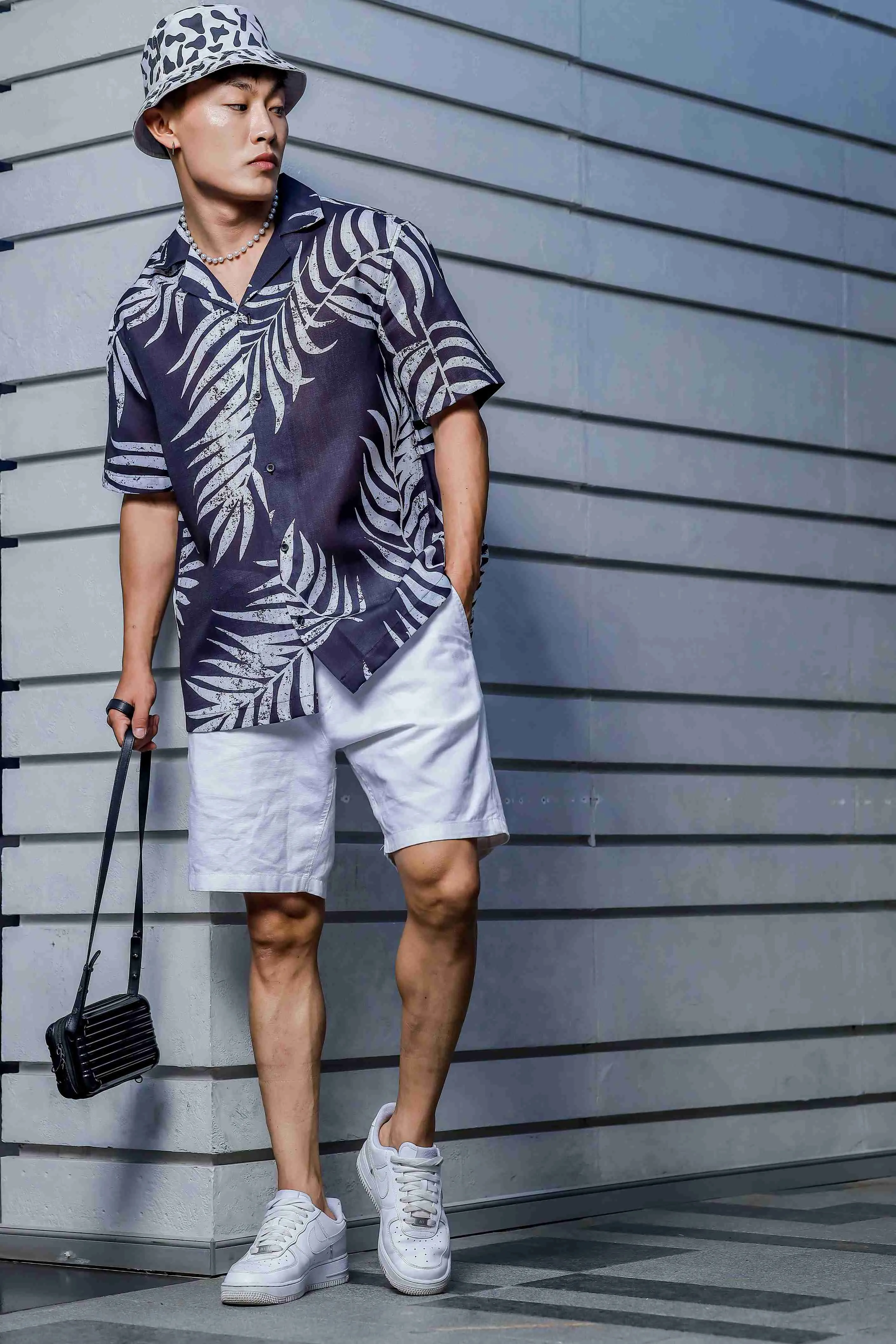 Black Tropical Print Cuban Collar Oversized Resort Shirt