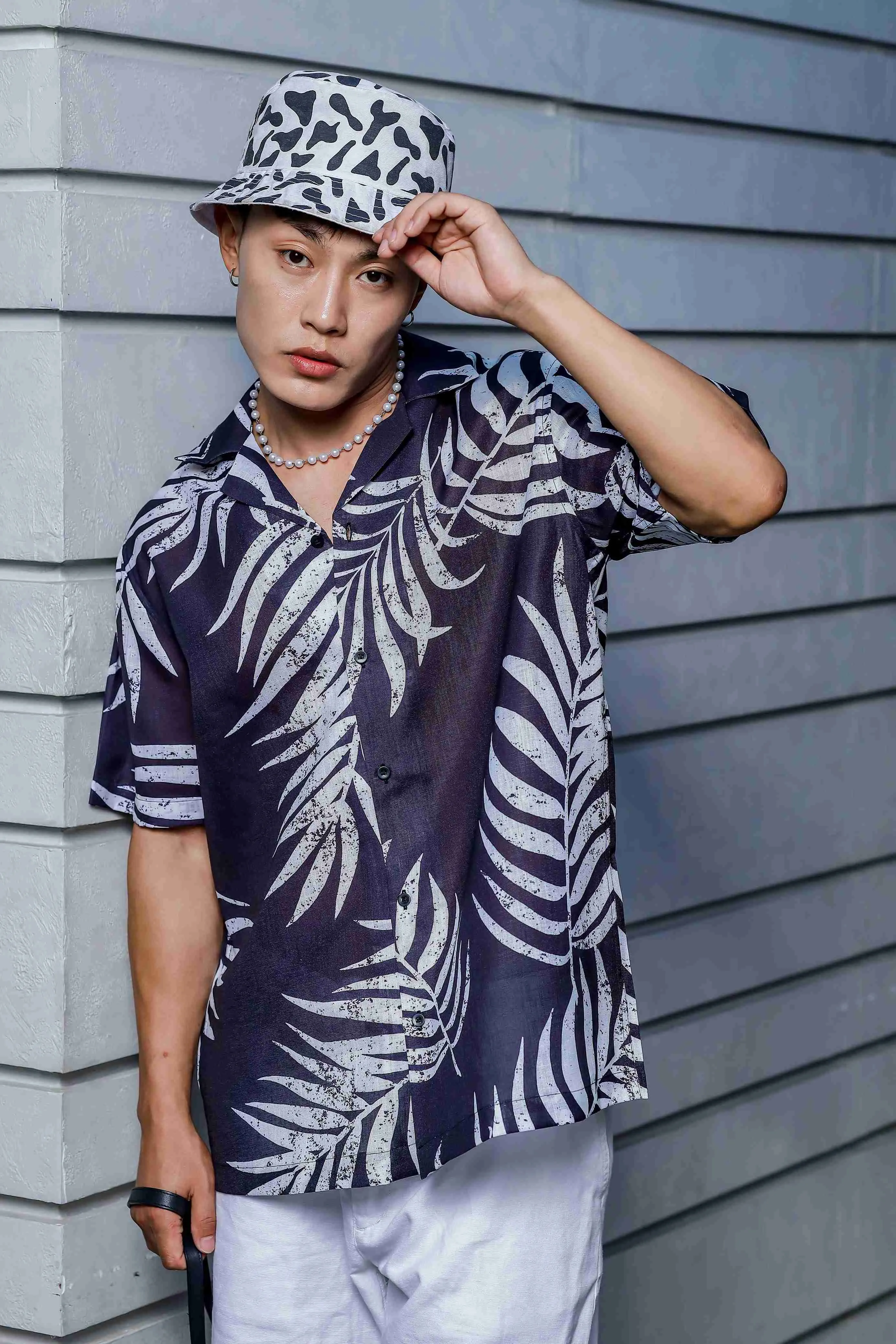 Black Tropical Print Cuban Collar Oversized Resort Shirt