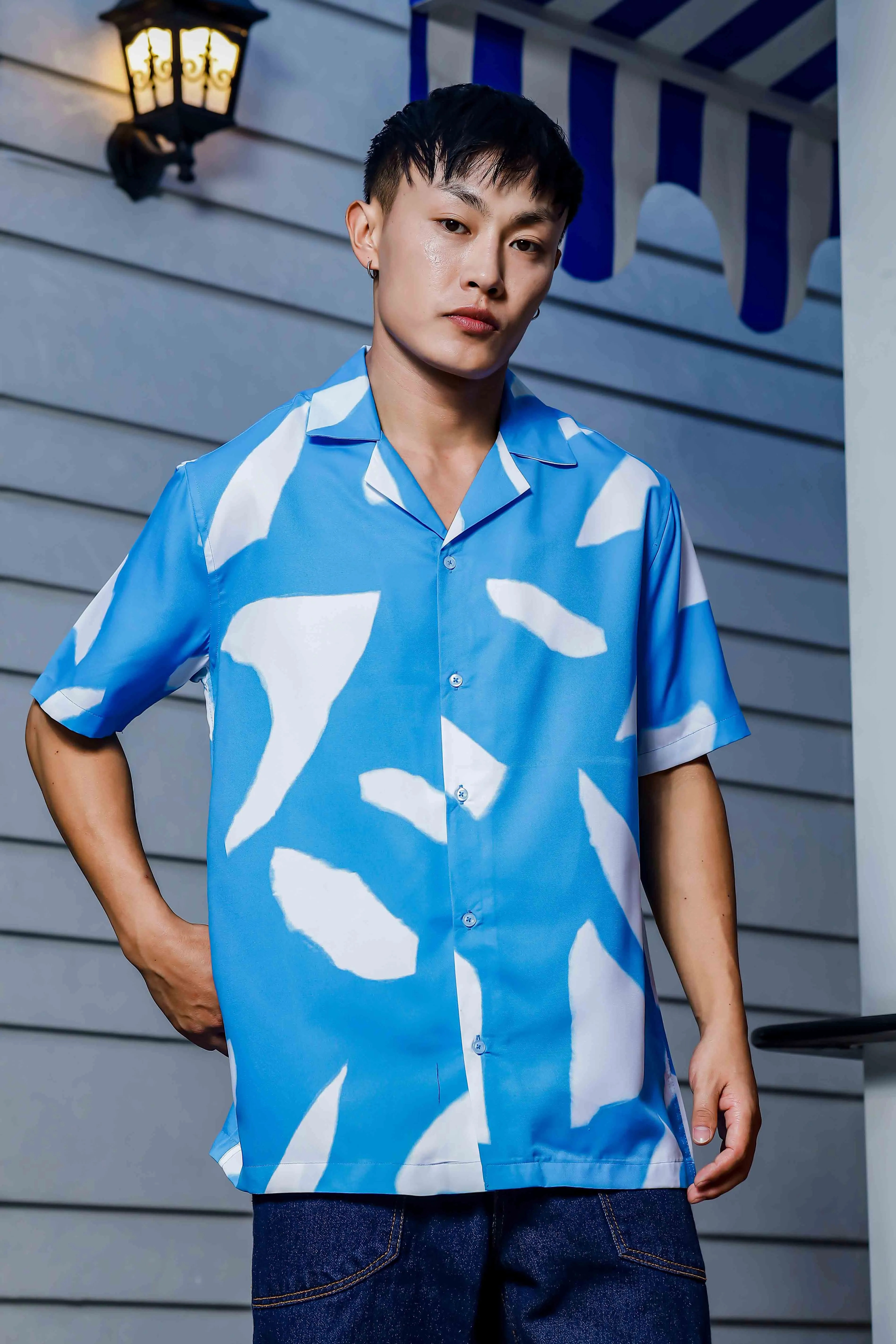 Blue Abstract Print Cuban Collar Oversized Resort Shirt
