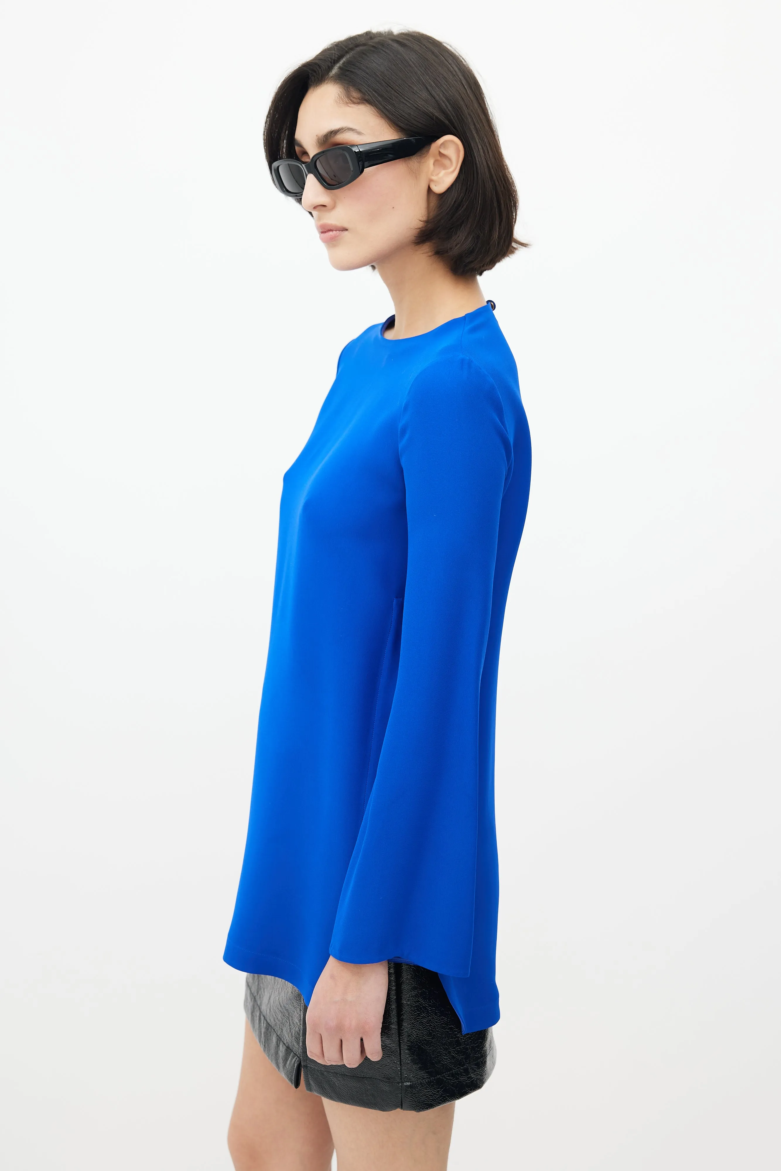 Blue Silk Long Sleeve Blouse