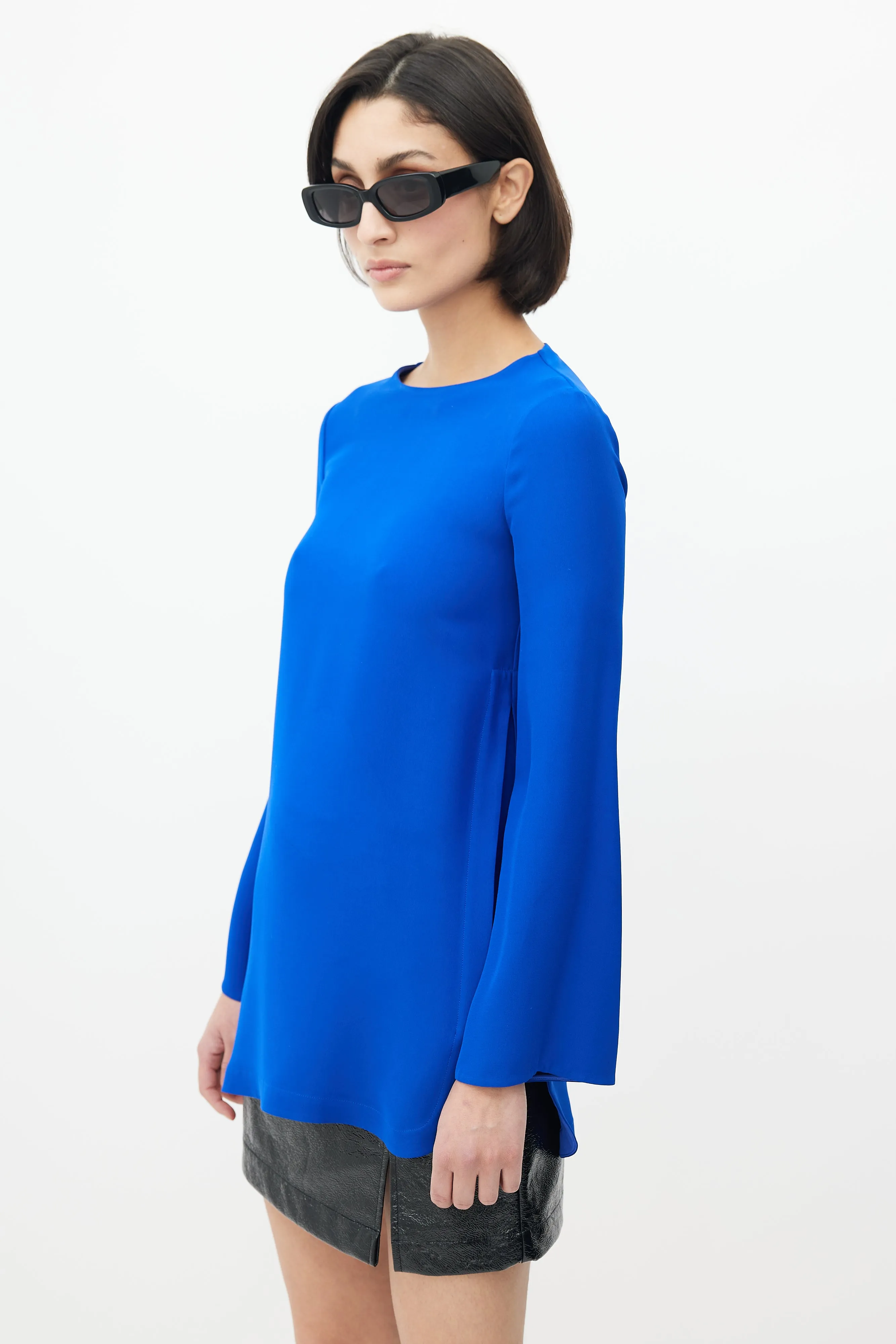 Blue Silk Long Sleeve Blouse