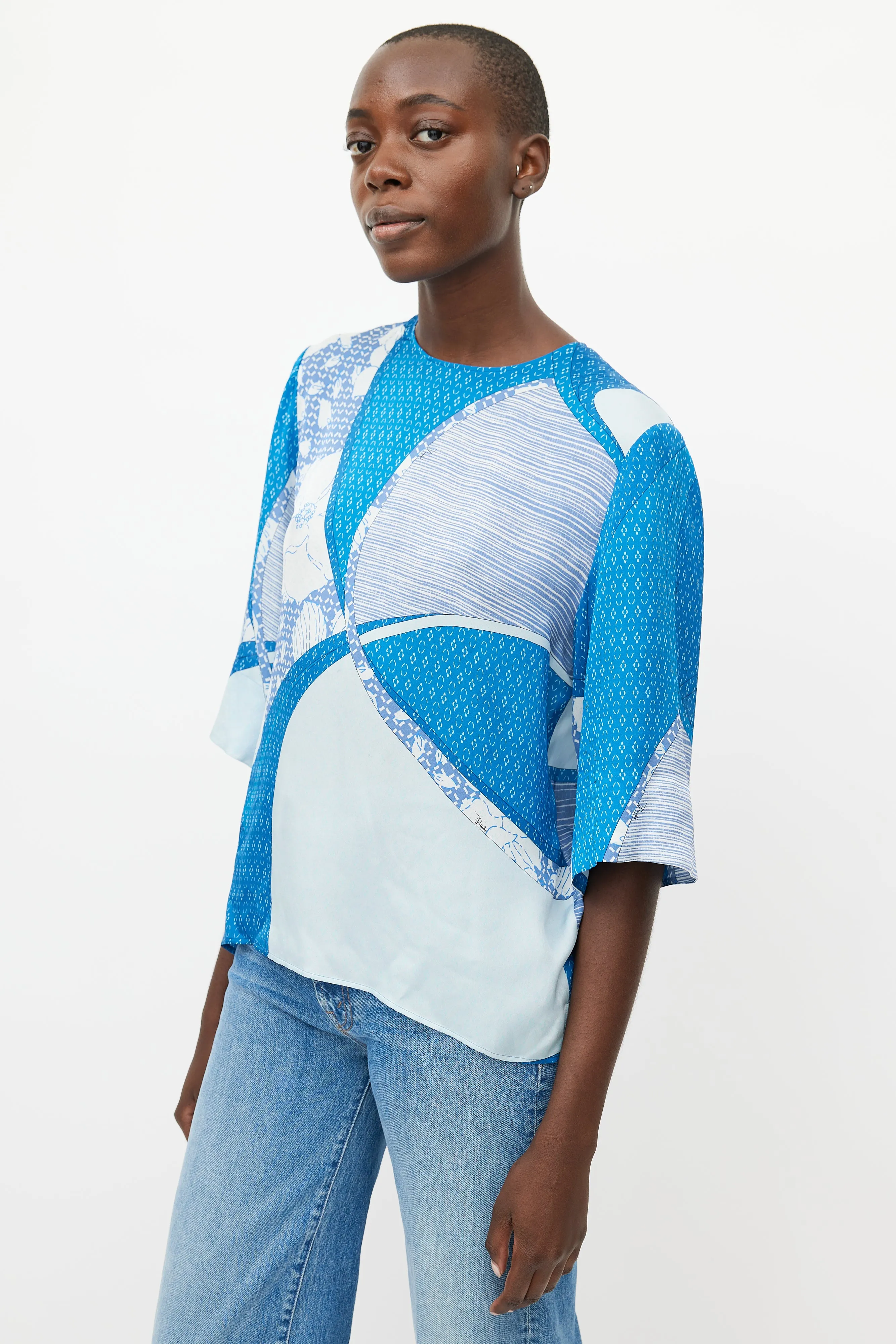Blue Silk Print Top