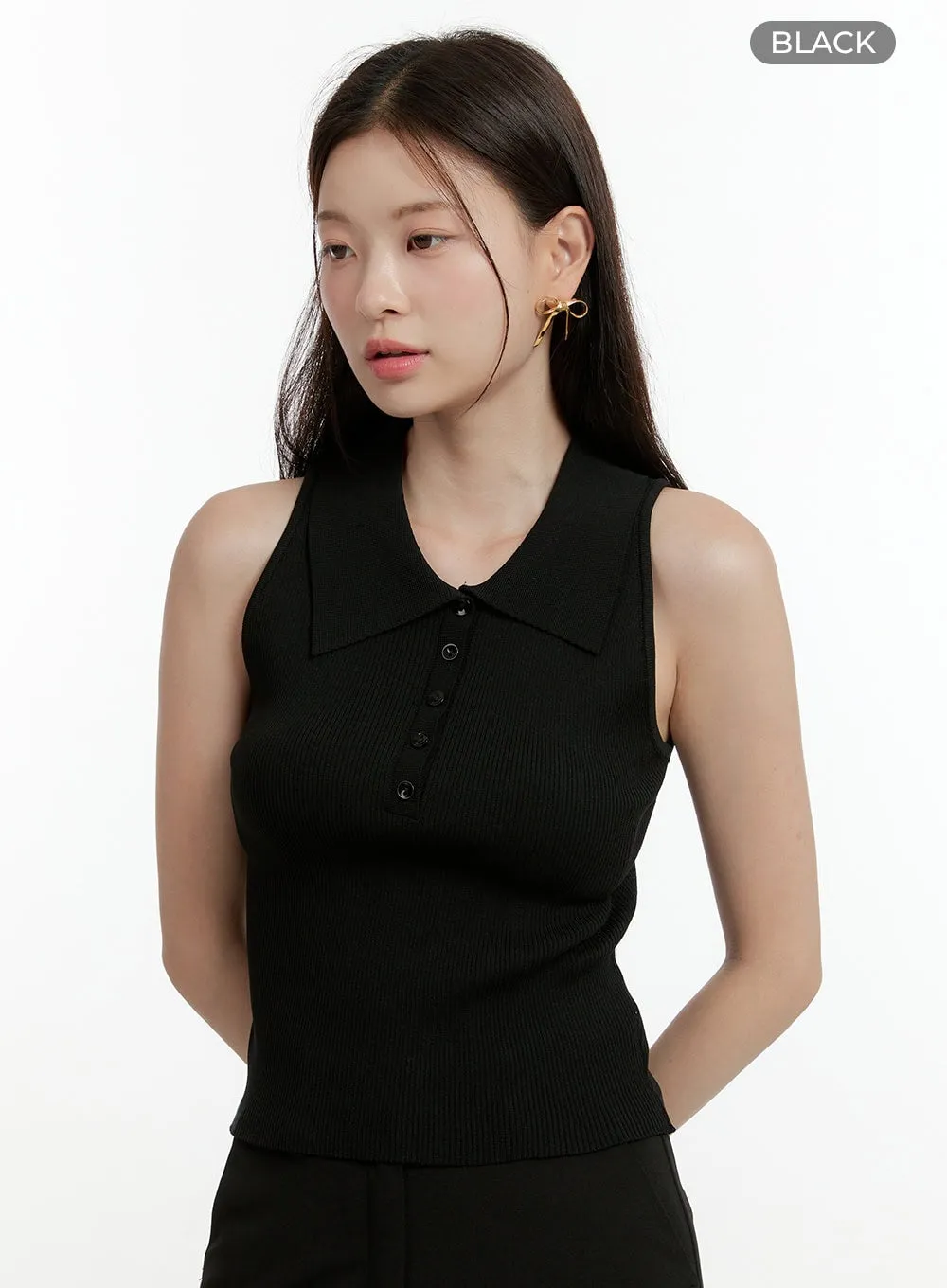 Buttoned Collar Sleeveless Top OL423