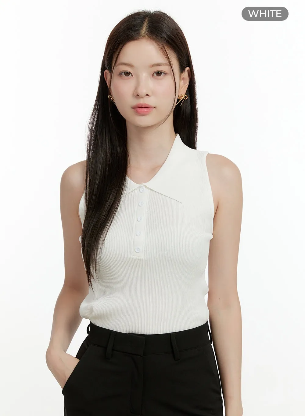 Buttoned Collar Sleeveless Top OL423