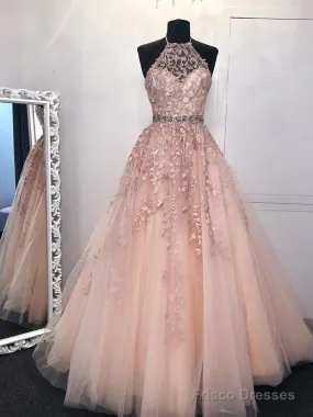 High Neck Pink Lace Prom Dresses, Pink Lace Formal Evening Graduation Dresses