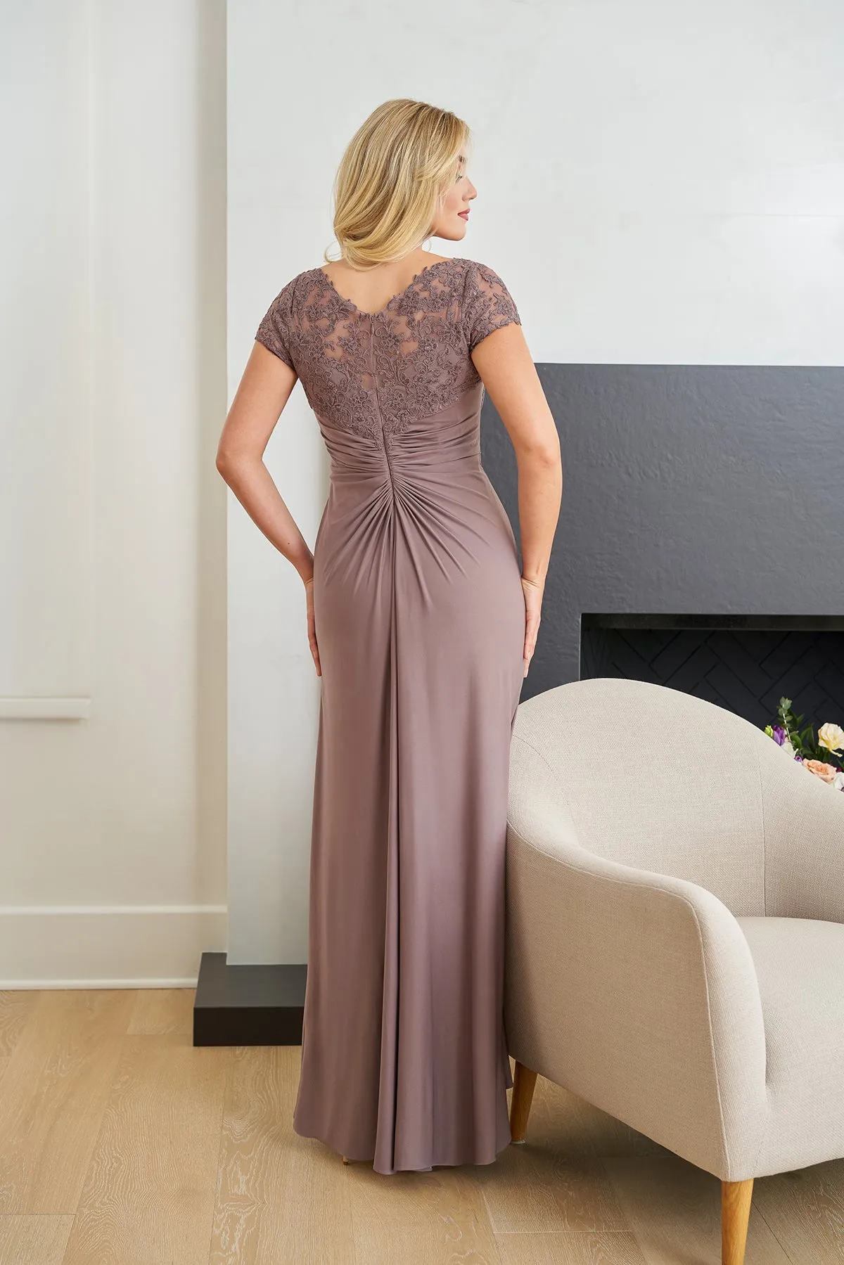 Jasmine K258055 Matte Jersey Fit and Flare Gown with Embroidered Lace Appliqué Bodice and Short Sleeves