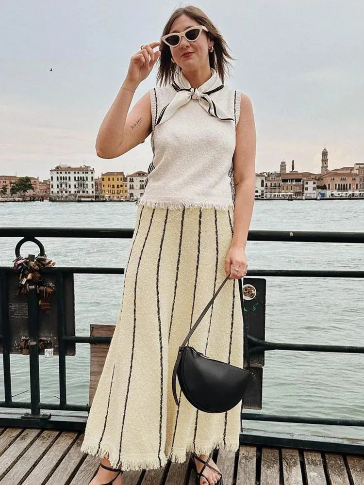 Knitted Long Elegant High Tassel Street Striped Summer Waist Autumn Skirt