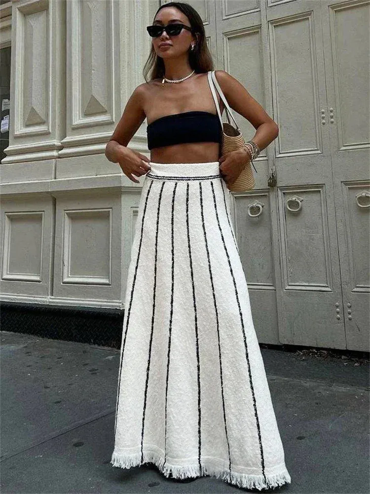 Knitted Long Elegant High Tassel Street Striped Summer Waist Autumn Skirt