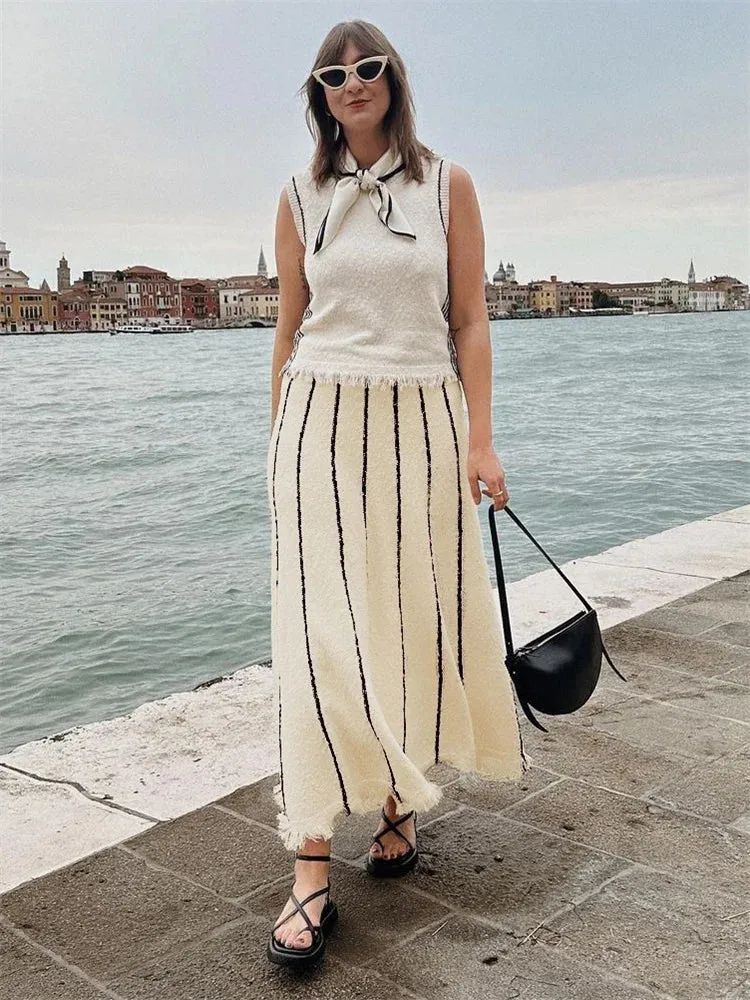 Knitted Long Elegant High Tassel Street Striped Summer Waist Autumn Skirt