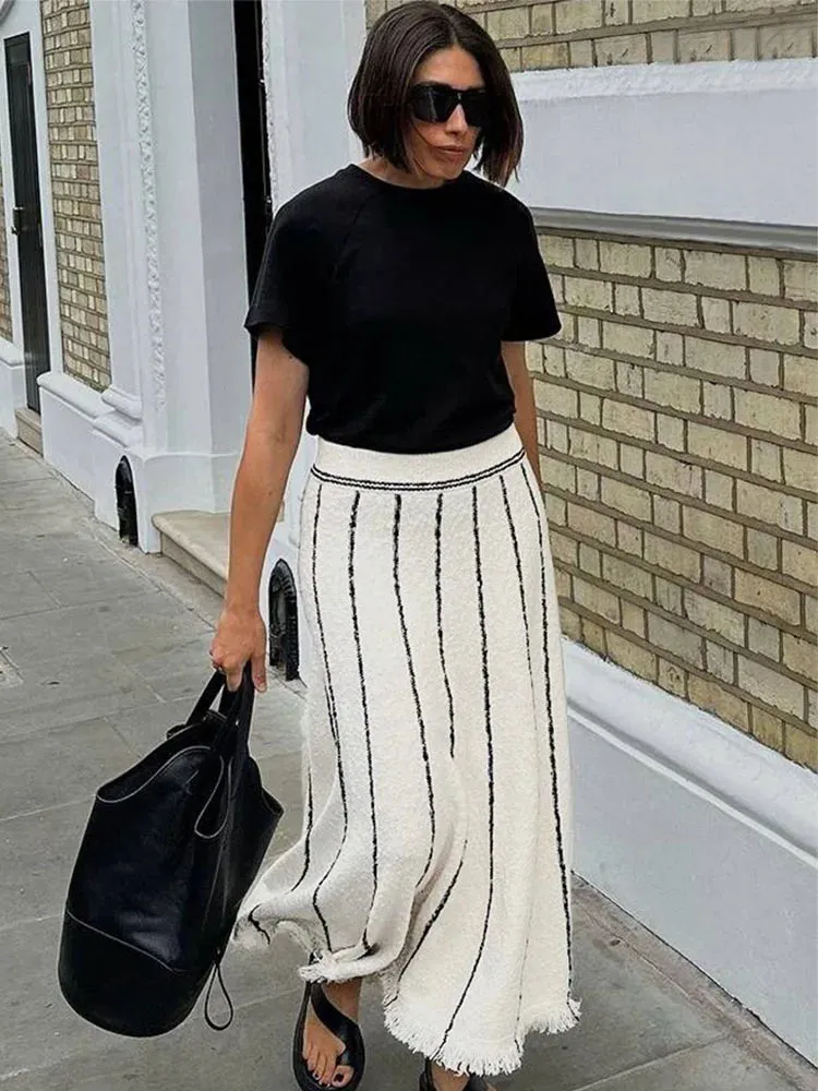 Knitted Long Elegant High Tassel Street Striped Summer Waist Autumn Skirt