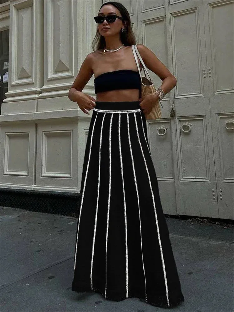 Knitted Long Elegant High Tassel Street Striped Summer Waist Autumn Skirt