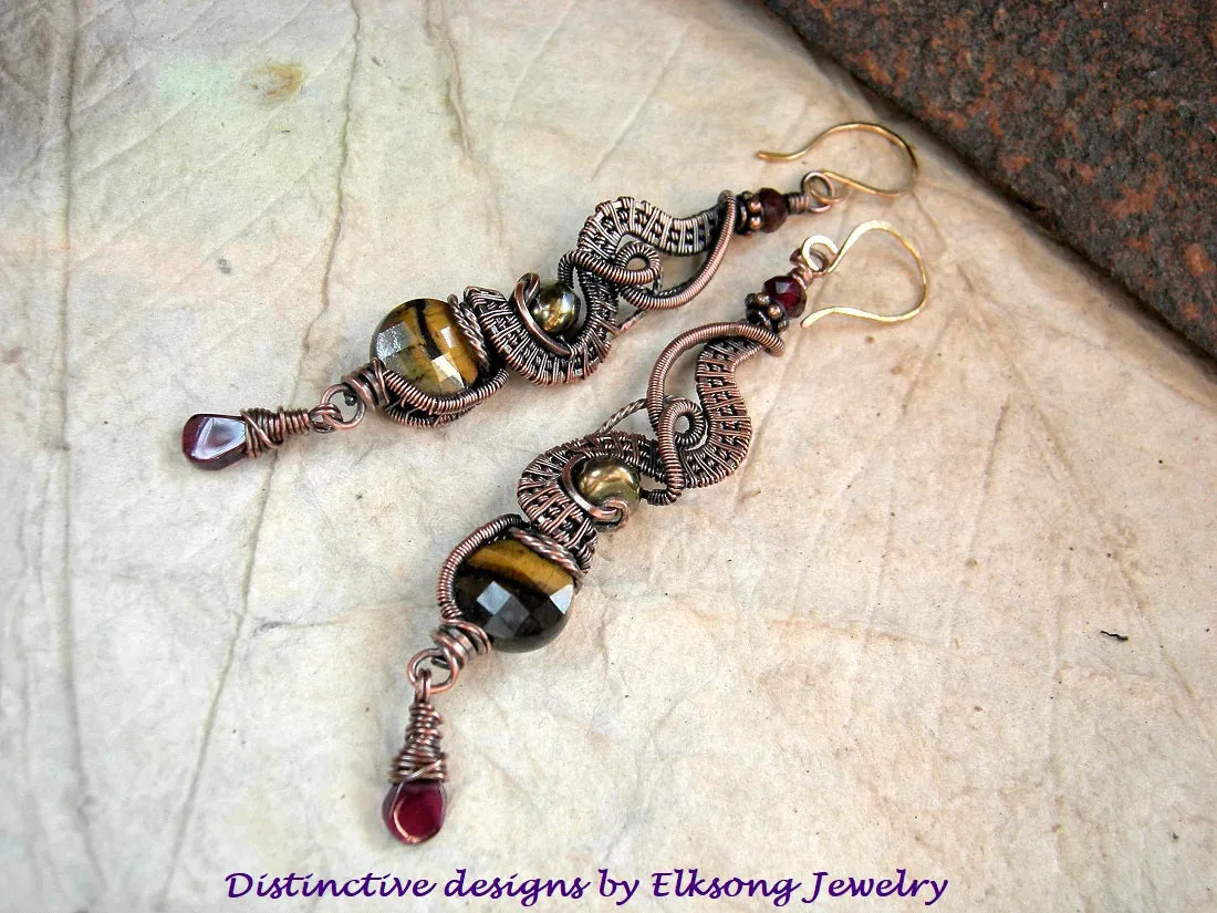 Mellow Fall Color Earrings, Copper Wire Wrap, Tigereye, Garnet