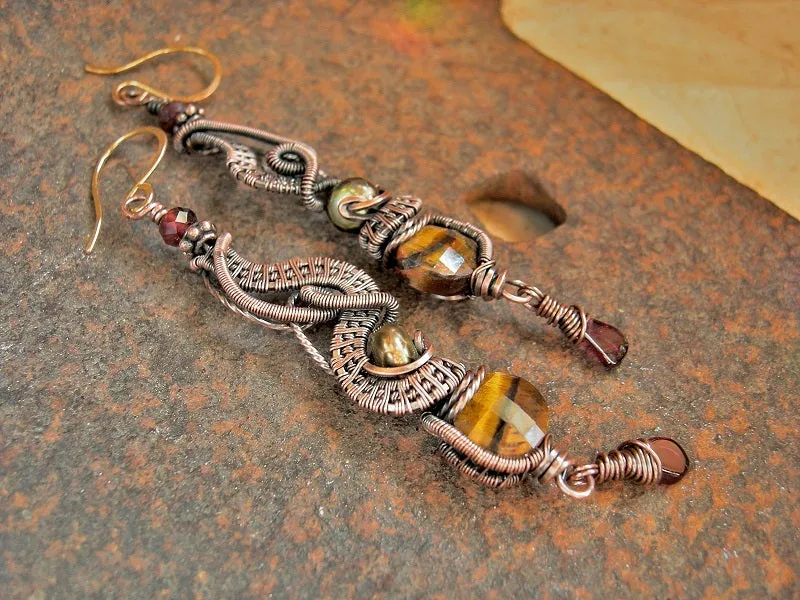 Mellow Fall Color Earrings, Copper Wire Wrap, Tigereye, Garnet
