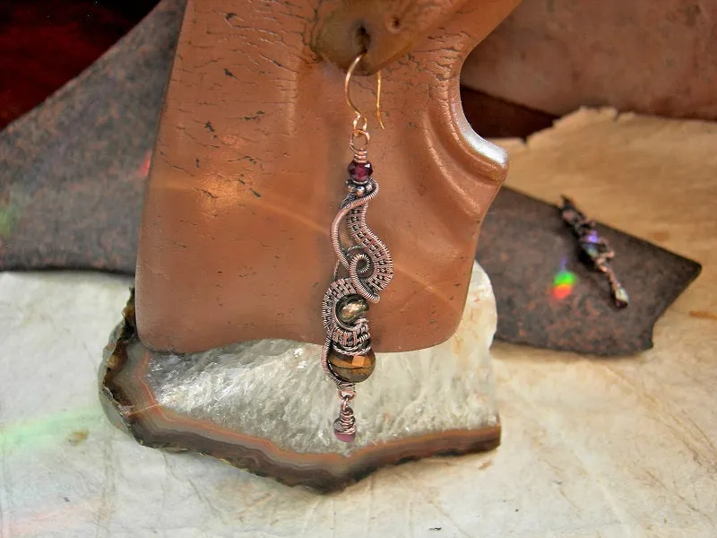 Mellow Fall Color Earrings, Copper Wire Wrap, Tigereye, Garnet