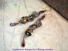 Mellow Fall Color Earrings, Copper Wire Wrap, Tigereye, Garnet