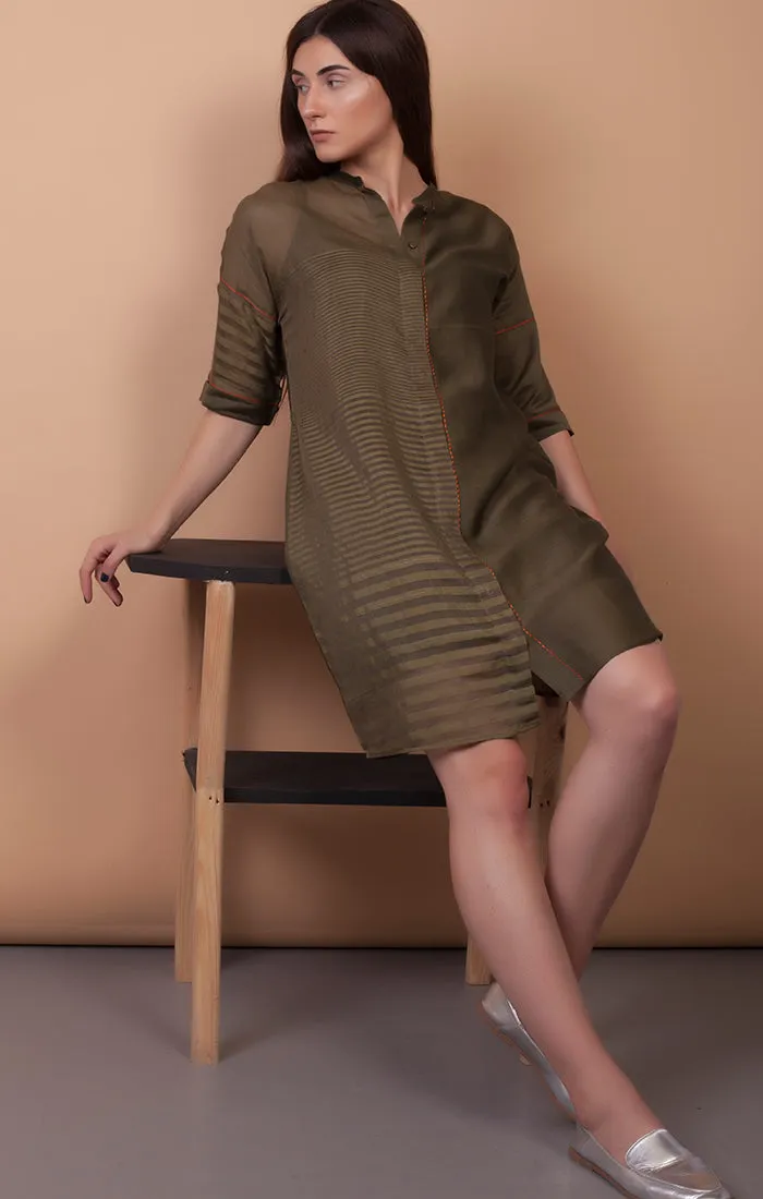 Olive Green handloom Chanderi Boxy Fit Dress