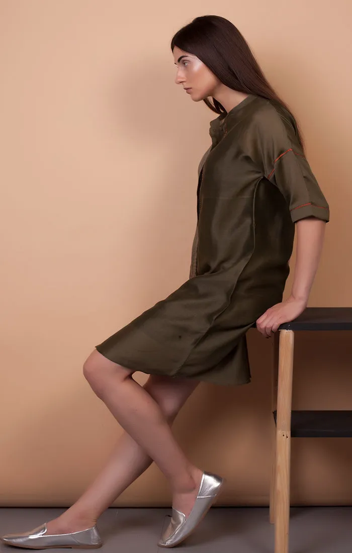 Olive Green handloom Chanderi Boxy Fit Dress