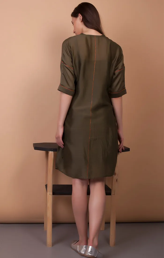Olive Green handloom Chanderi Boxy Fit Dress