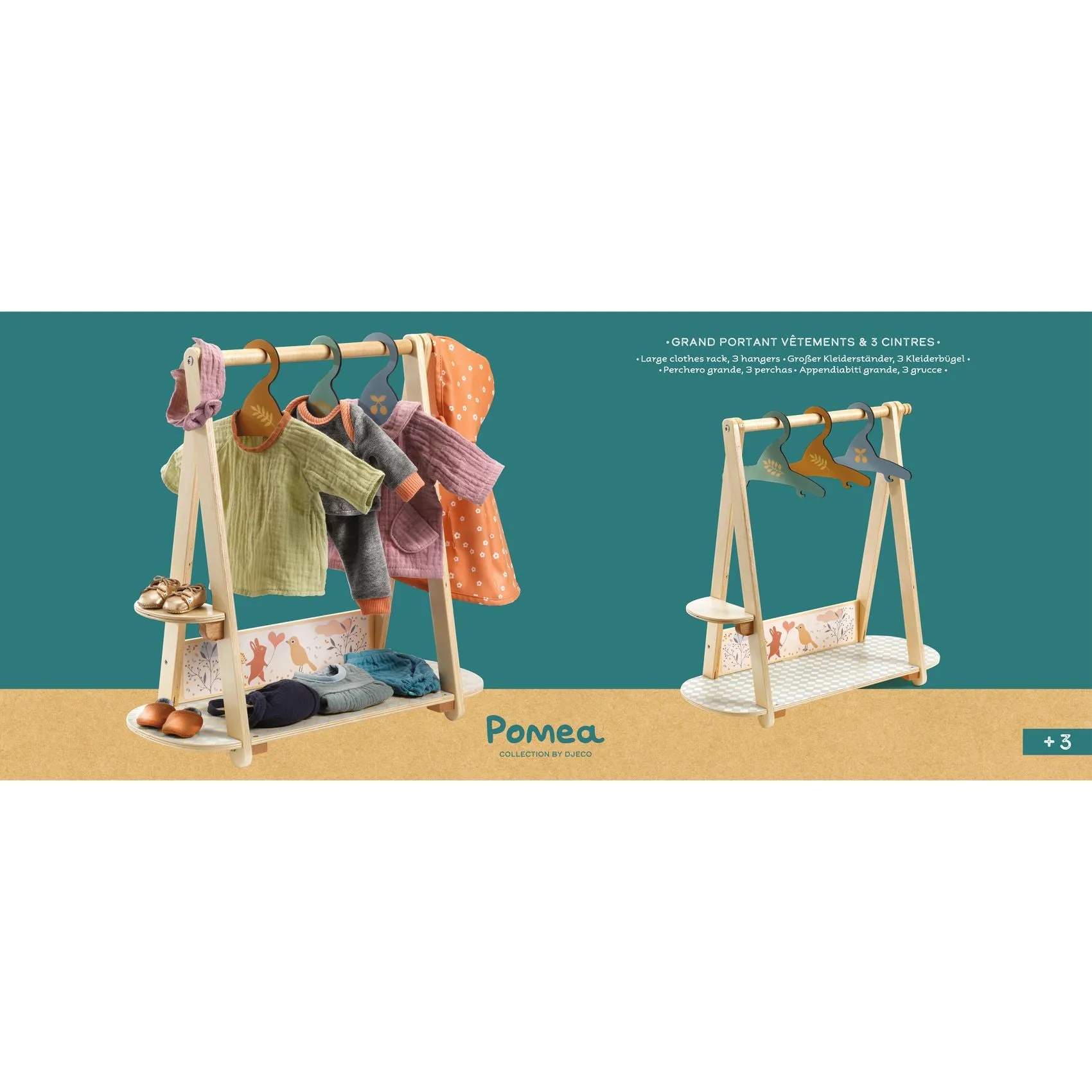Pomea Dolls Large Clothing Rack   3 Wooden Hangers