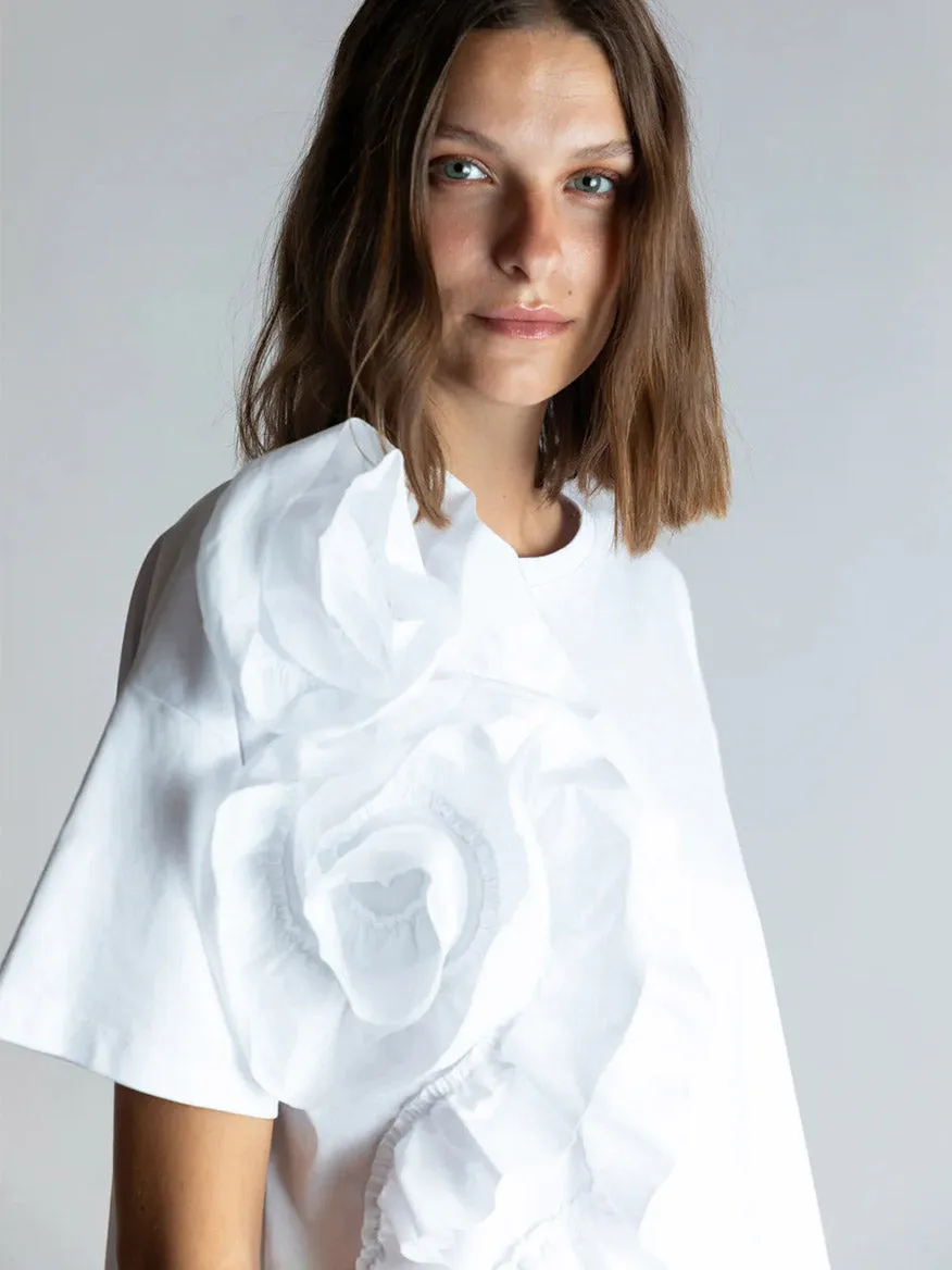 Psophía Square T-shirt with Cascading Floral Detail in White