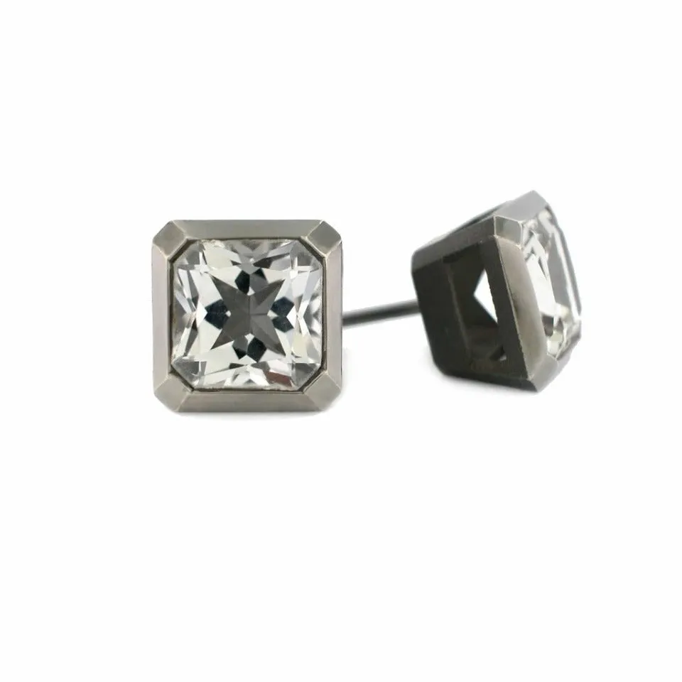 Series 20 | Oblique Sterling Earring, Blackened Silver   Quartz or Topaz