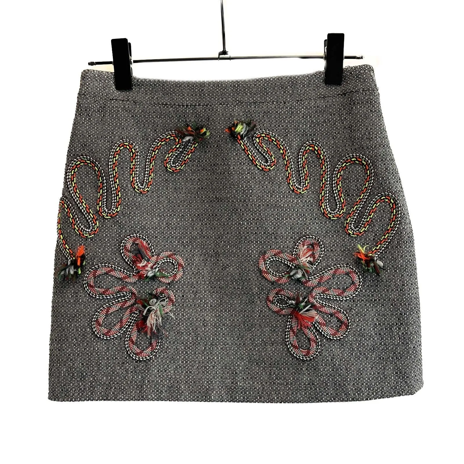 Stella McCartney Wool Mini Grey Tweed Embroidered Mini Skirt 38 US 4-6 Small
