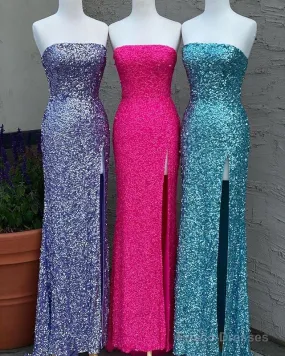Strapless Sparkly Long Prom Dresses With Slit,Formal Dresses,Charming Dance Dress