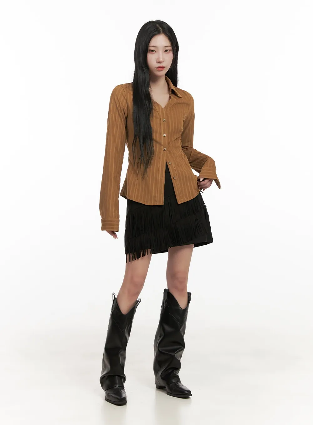 Striped Collared Buttoned Blouse CD409