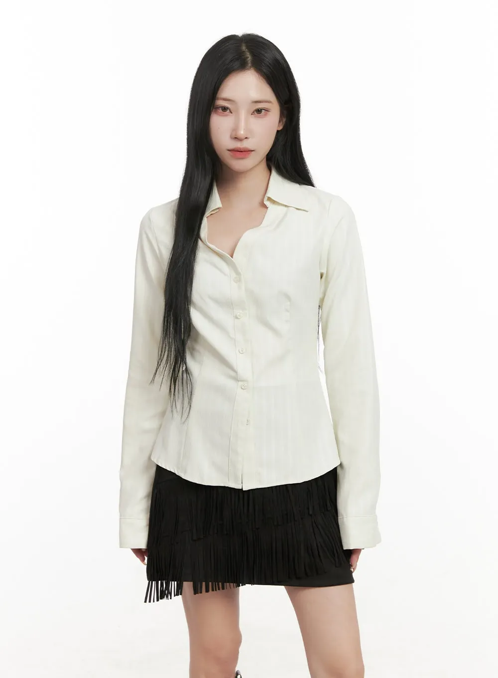 Striped Collared Buttoned Blouse CD409