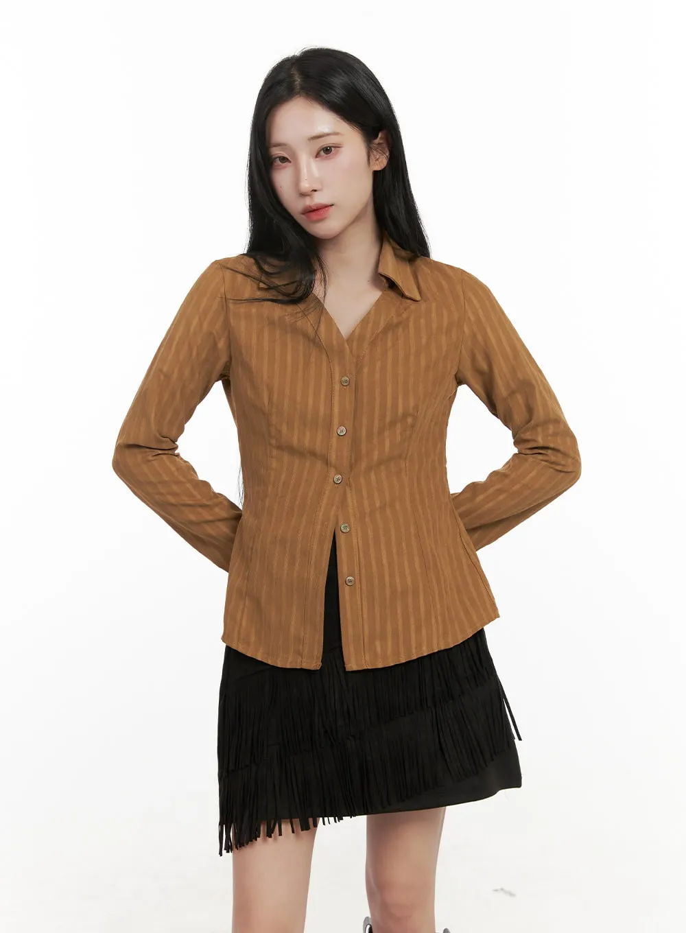 Striped Collared Buttoned Blouse CD409