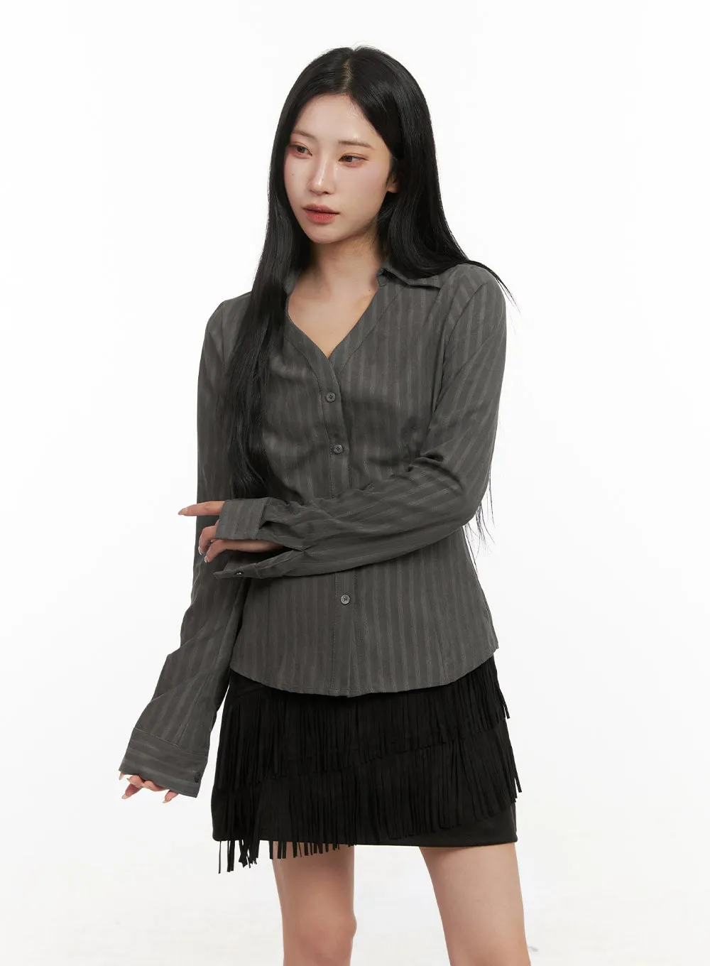 Striped Collared Buttoned Blouse CD409