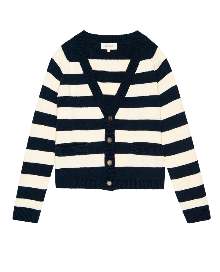 The Great Varsity Cardigan - Navy Range Stripe