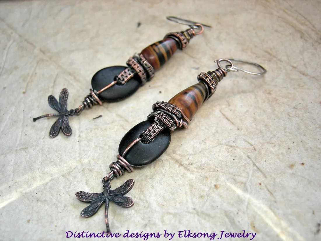 Touch Earth, Long Drop Earrings, Copper Dragonflies, Black & Brown