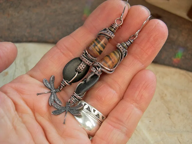 Touch Earth, Long Drop Earrings, Copper Dragonflies, Black & Brown