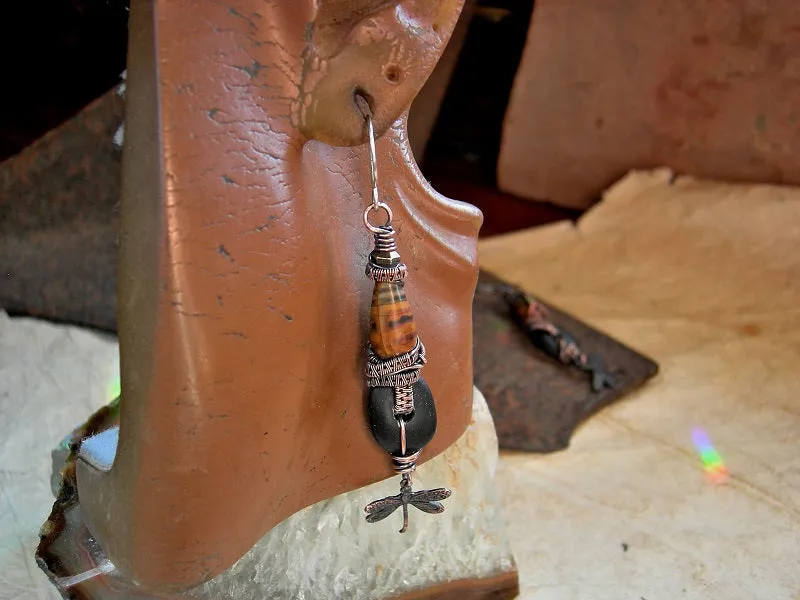 Touch Earth, Long Drop Earrings, Copper Dragonflies, Black & Brown