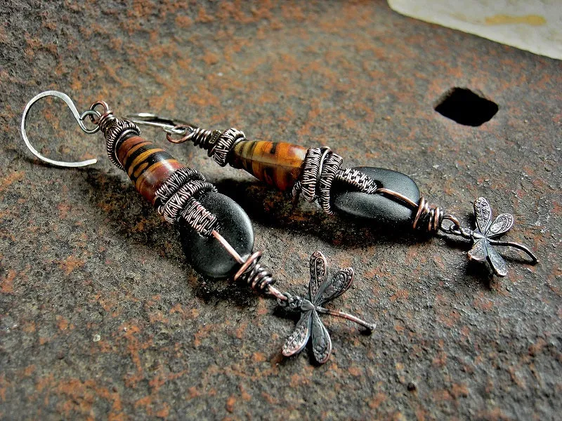 Touch Earth, Long Drop Earrings, Copper Dragonflies, Black & Brown