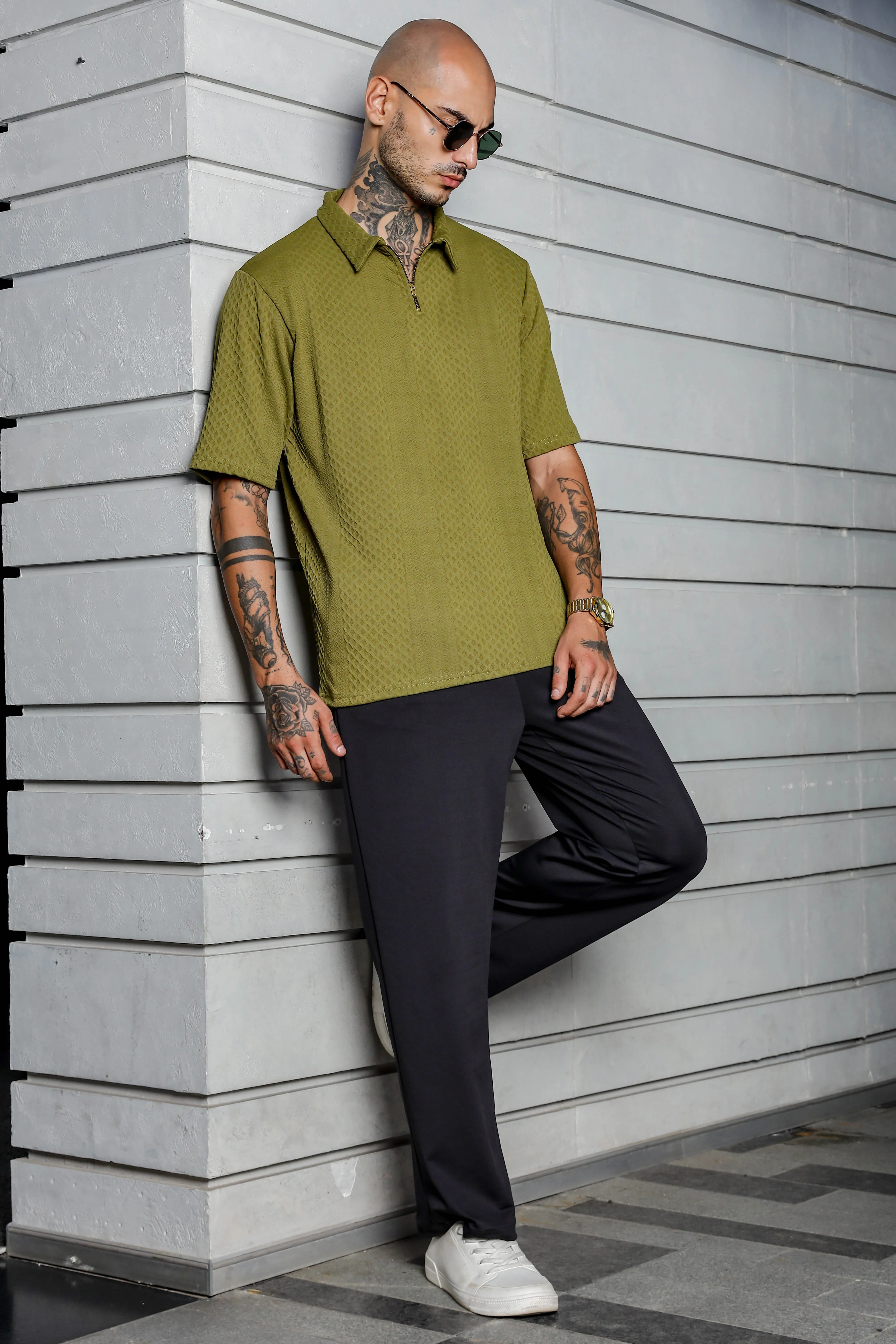 Unisex Olive Textured Polo Neck Oversized T-shirt